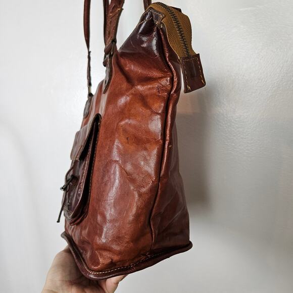 Noonday Collection Leather Zip Top Shoulder Bag Purse Cognac Brown Tote - Picture 4 of 16